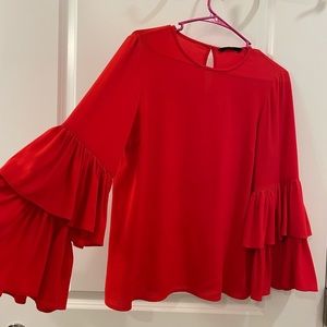 Ruffled layered sleeves Red Blouse